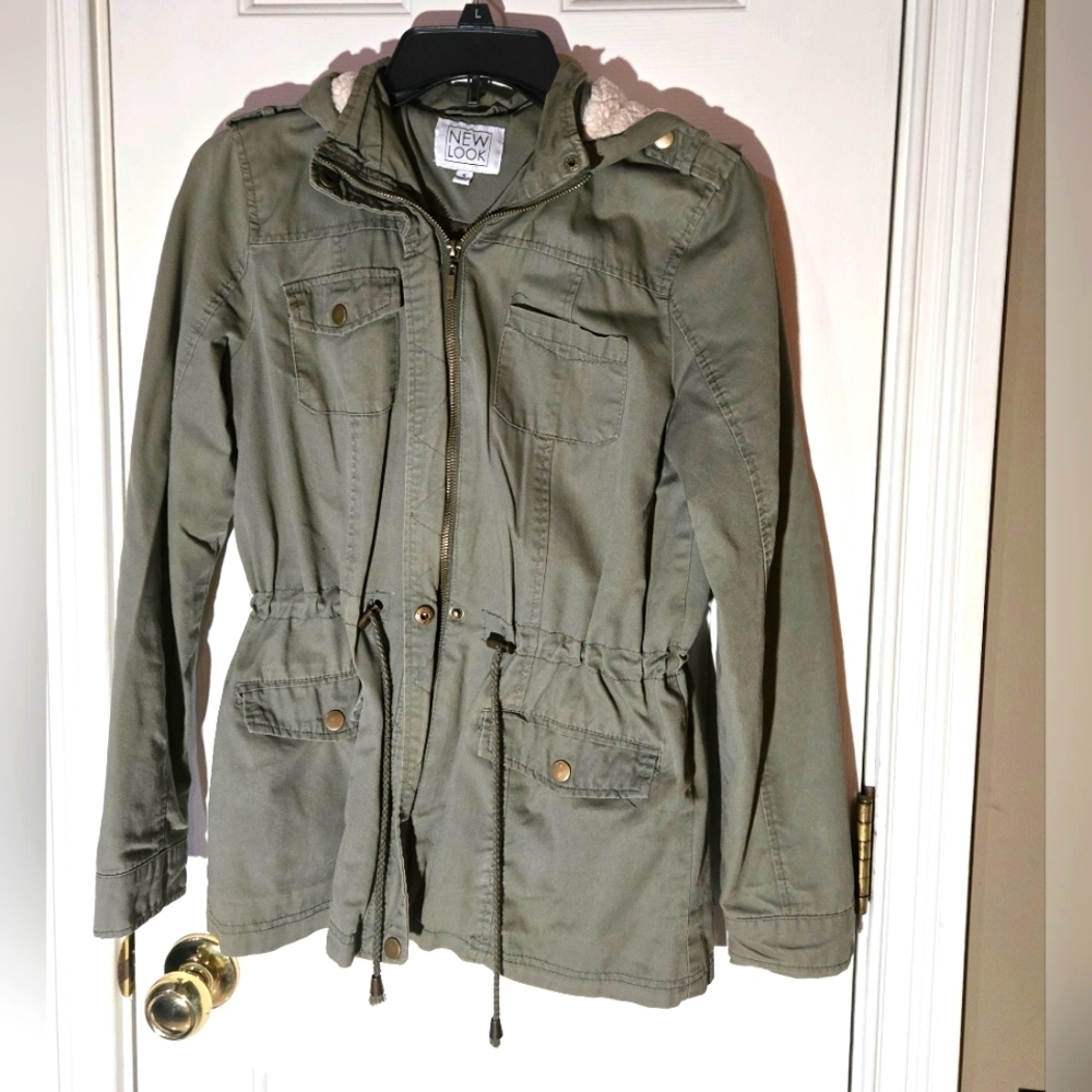 New Look Green Utility Jacket Coat Wool Faux Fur Hood bomber Lightweight Small
